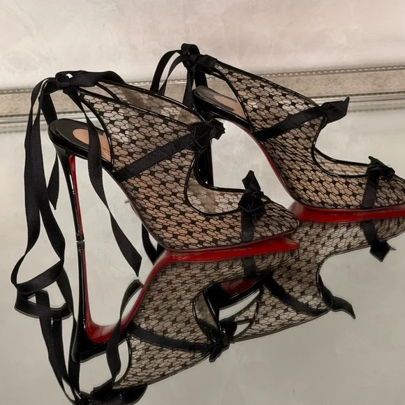 Christian Louboutin Black Lace Peep-Toe Ribbon Tie Pumps with Red Sole - Picture 1 of 9